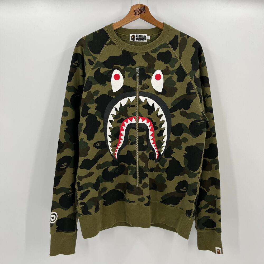 A Bathing Ape BAPE Nigo 1st Camo Metal Shark Zip Crewneck Sweater L